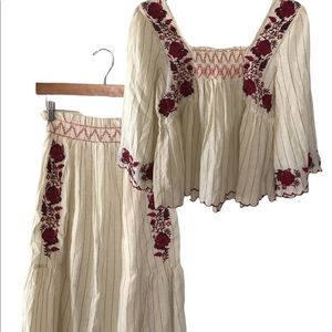 NWT ZARA Cream Striped Floral Embroidered Set Top & Skirt XS S